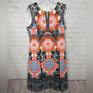 Maggie L bright colorful stretch knit fit flare knee length dress sz 14, EUC‎